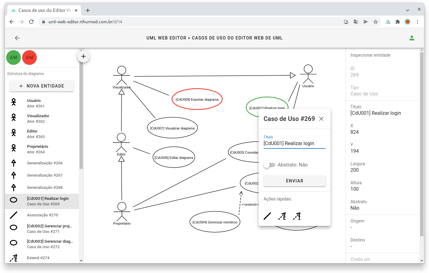 Tela de edição de diagrama do UML Web Editor